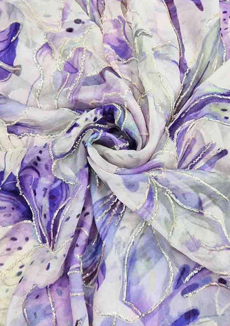 Lavender Printed Organza Pre Draped Saree Set