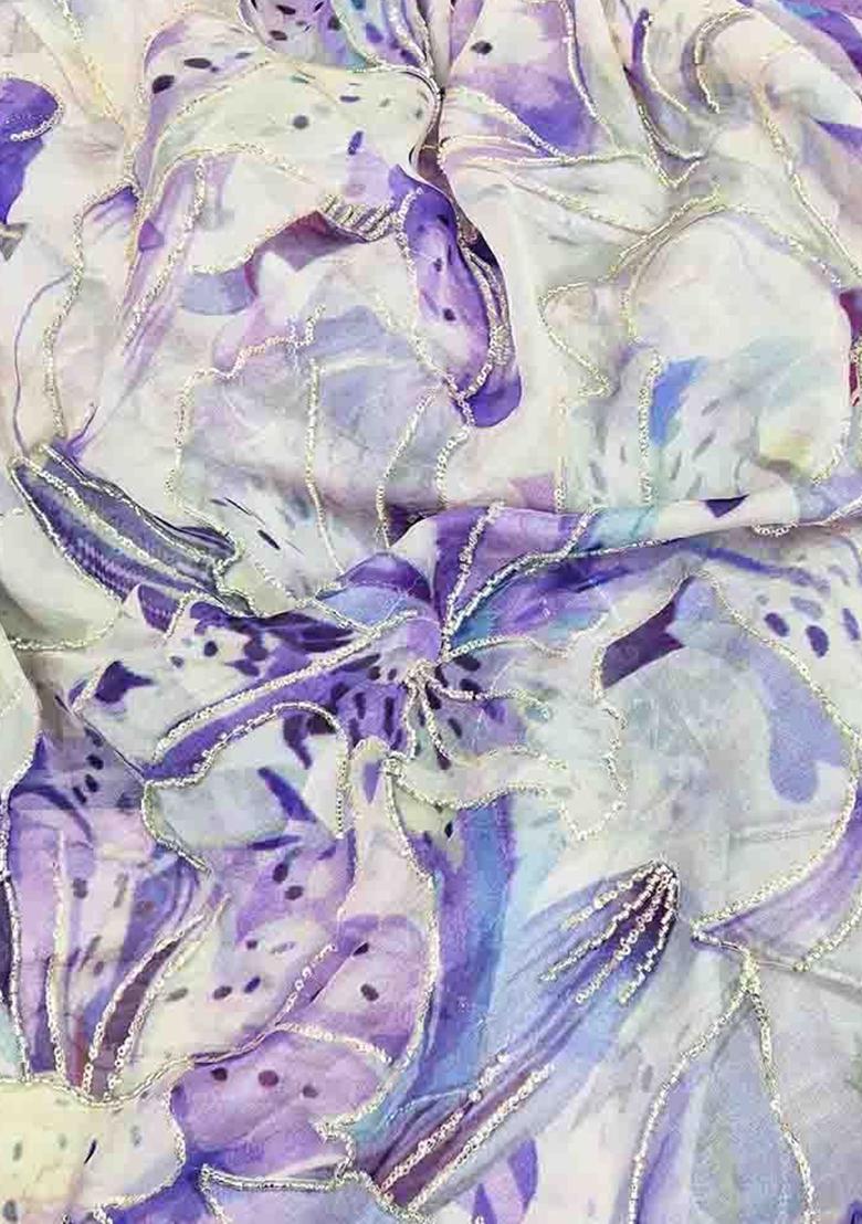 Lavender Printed Organza Pre Draped Saree Set - Indya