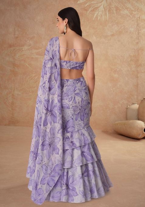 Lavender Printed Organza Pre Draped Saree Set