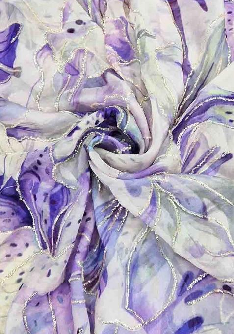 Lavender Printed Organza Pre Draped Saree Set