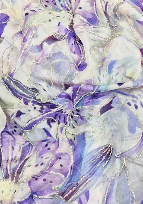 Lavender Printed Organza Pre Draped Saree Set