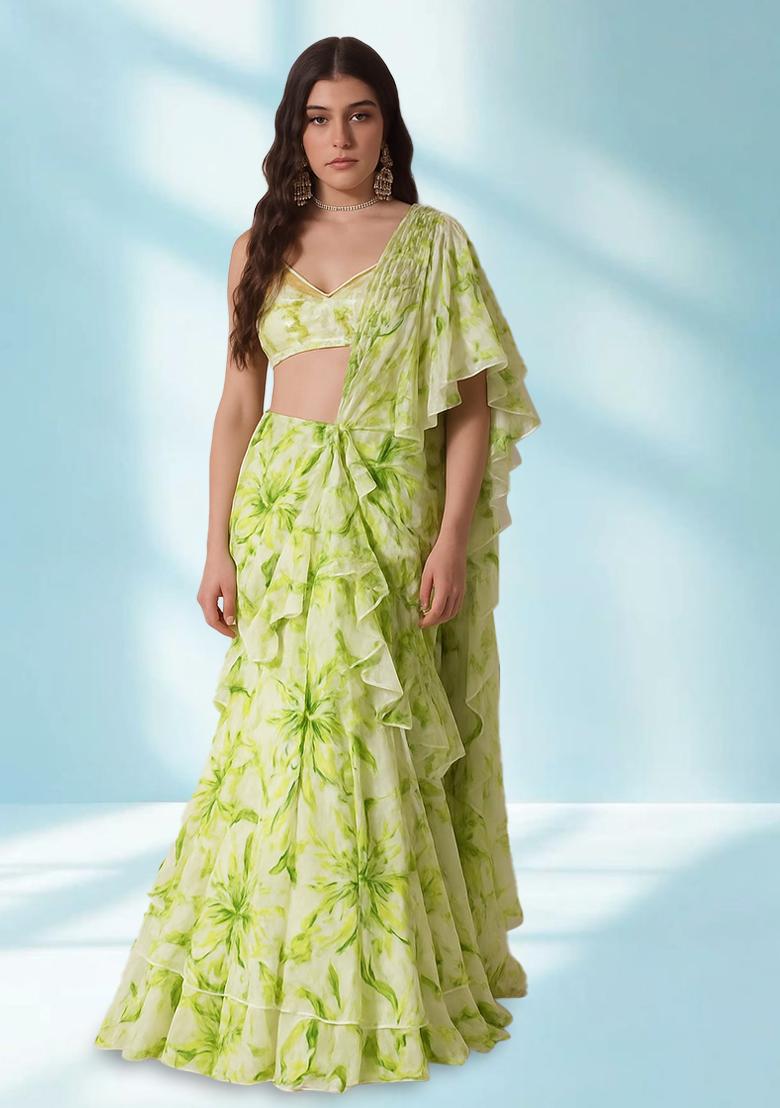 Light Green Printed Organza Pre Draped Saree Set
