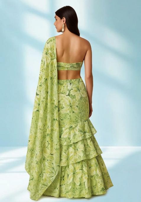 Light Green Printed Organza Pre Draped Saree Set