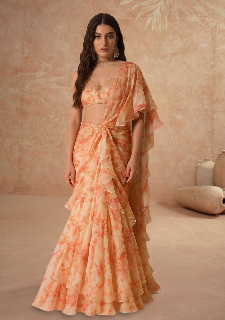 Peach Printed Organza Pre Draped Saree Set
