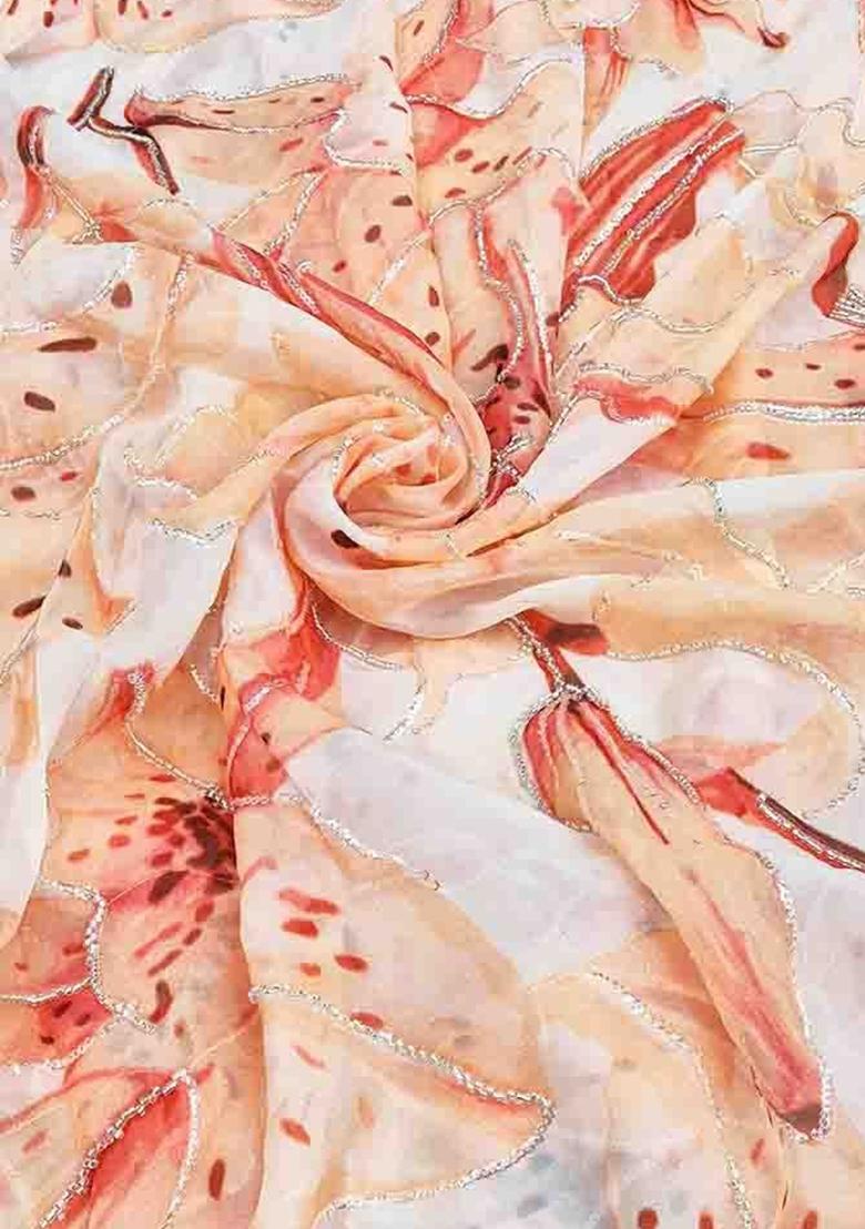 Peach Printed Organza Pre Draped Saree Set