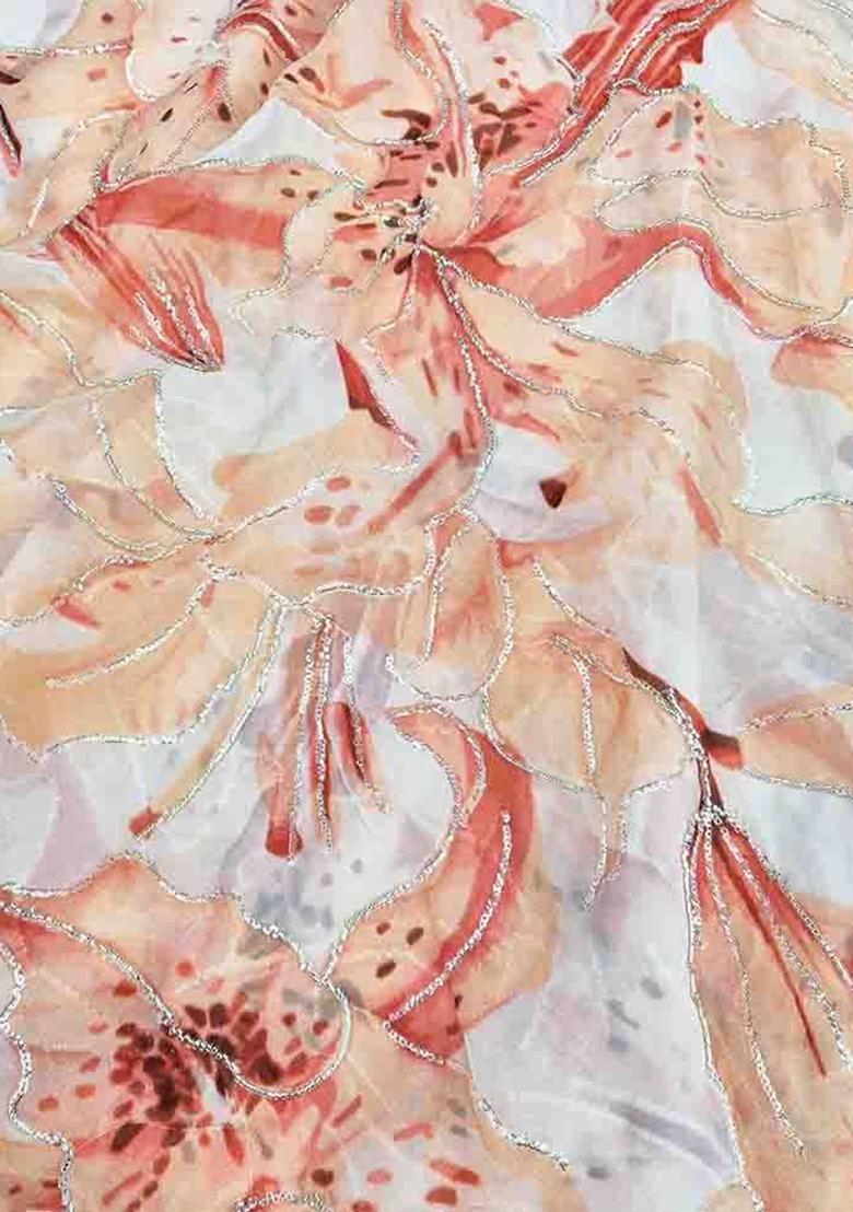 Peach Printed Organza Pre Draped Saree Set - Indya