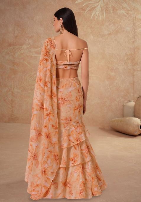 Peach Printed Organza Pre Draped Saree Set