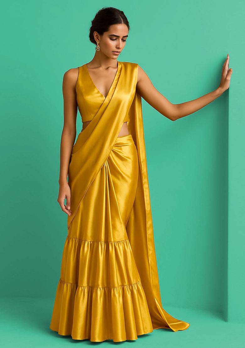 Yellow Solid Tissue Pre Draped Saree Set