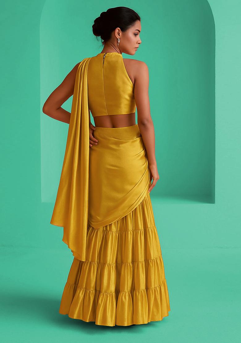 Yellow Solid Tissue Pre Draped Saree Set