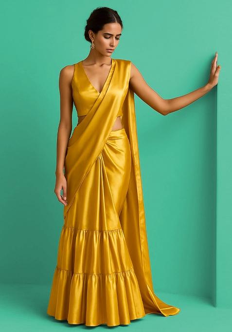Yellow Solid Tissue Pre Draped Saree Set