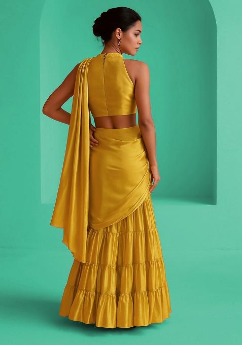 Yellow Solid Tissue Pre Draped Saree Set