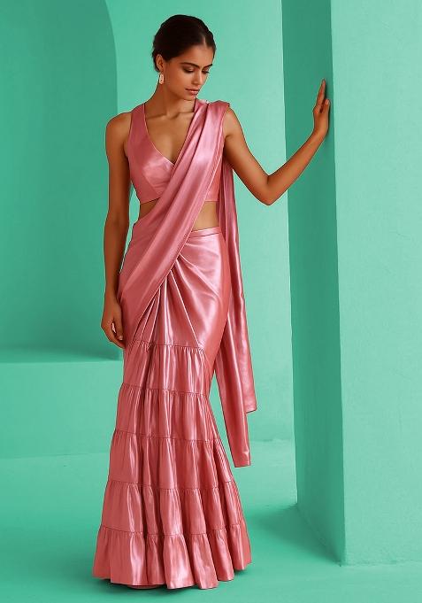 Light Pink Solid Tissue Pre Draped Saree Set
