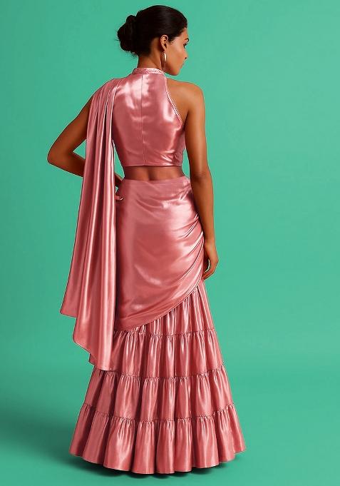 Light Pink Solid Tissue Pre Draped Saree Set