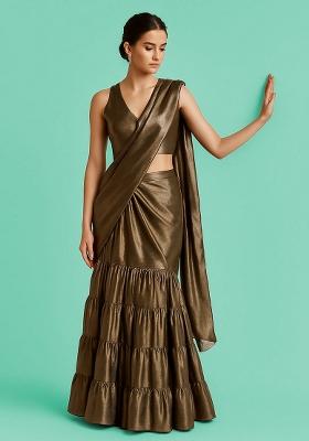 Brown Solid Tissue Pre Draped Saree Set