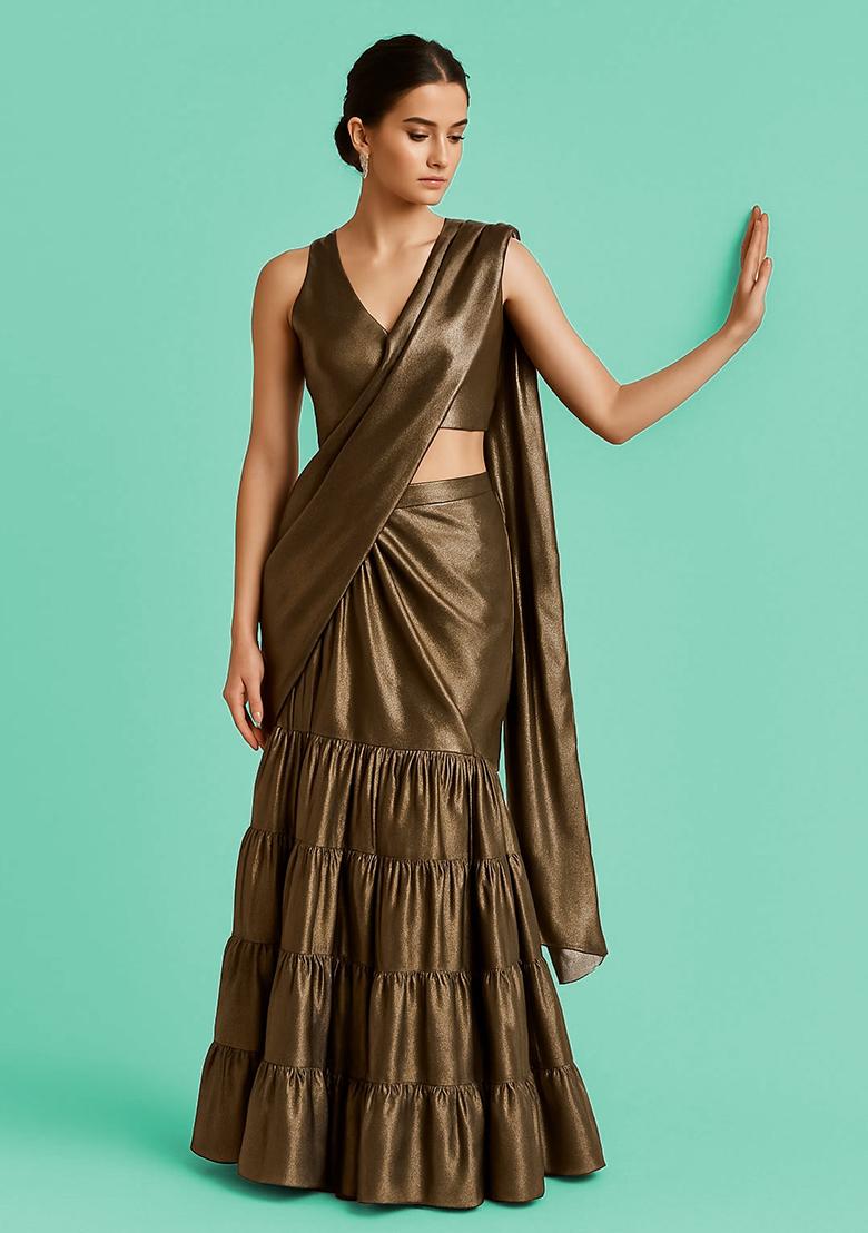 Brown Solid Tissue Pre Draped Saree Set