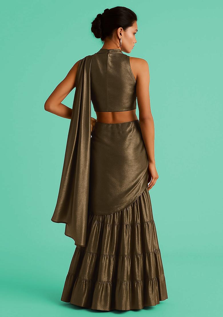 Brown Solid Tissue Pre Draped Saree Set