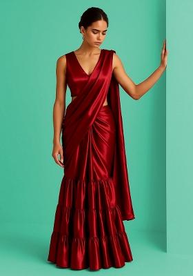 Red Solid Tissue Pre Draped Saree Set