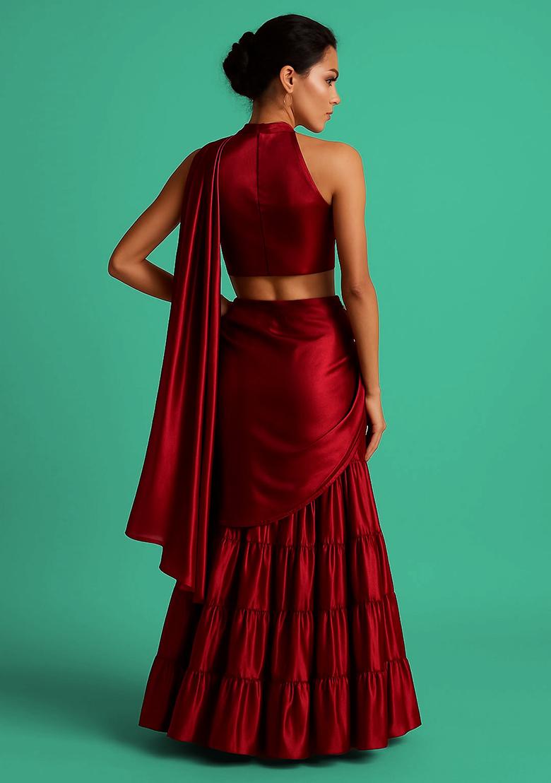 Red Solid Tissue Pre Draped Saree Set - Indya