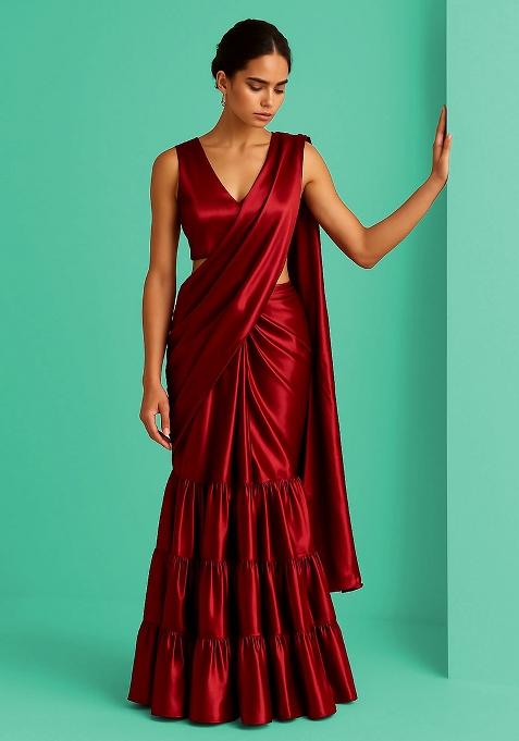 Red Solid Tissue Pre Draped Saree Set