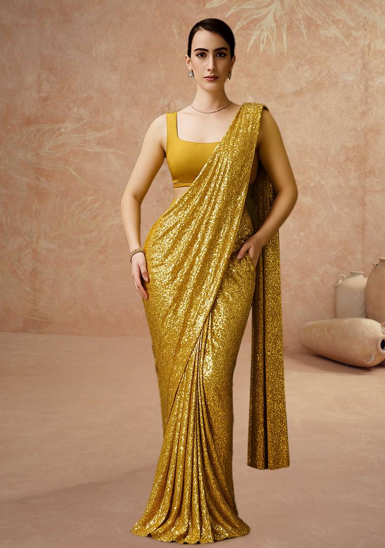 Golden Sequin Net Pre Draped Saree Set