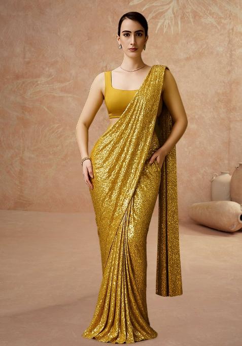 Golden Sequin Net Pre Draped Saree Set