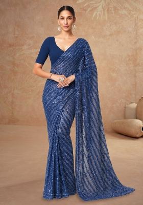 Blue Sequin Embellished Net Pre Draped Saree Set