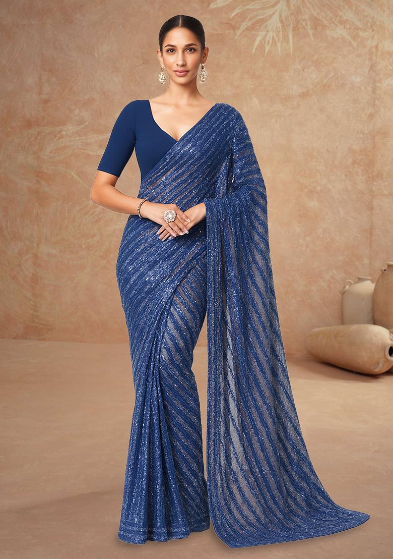 Blue Sequin Embellished Net Pre Draped Saree Set