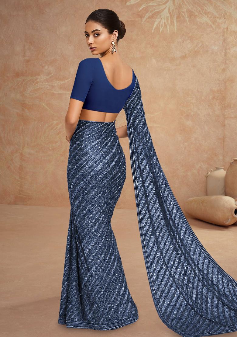 Blue Sequin Embellished Net Pre Draped Saree Set