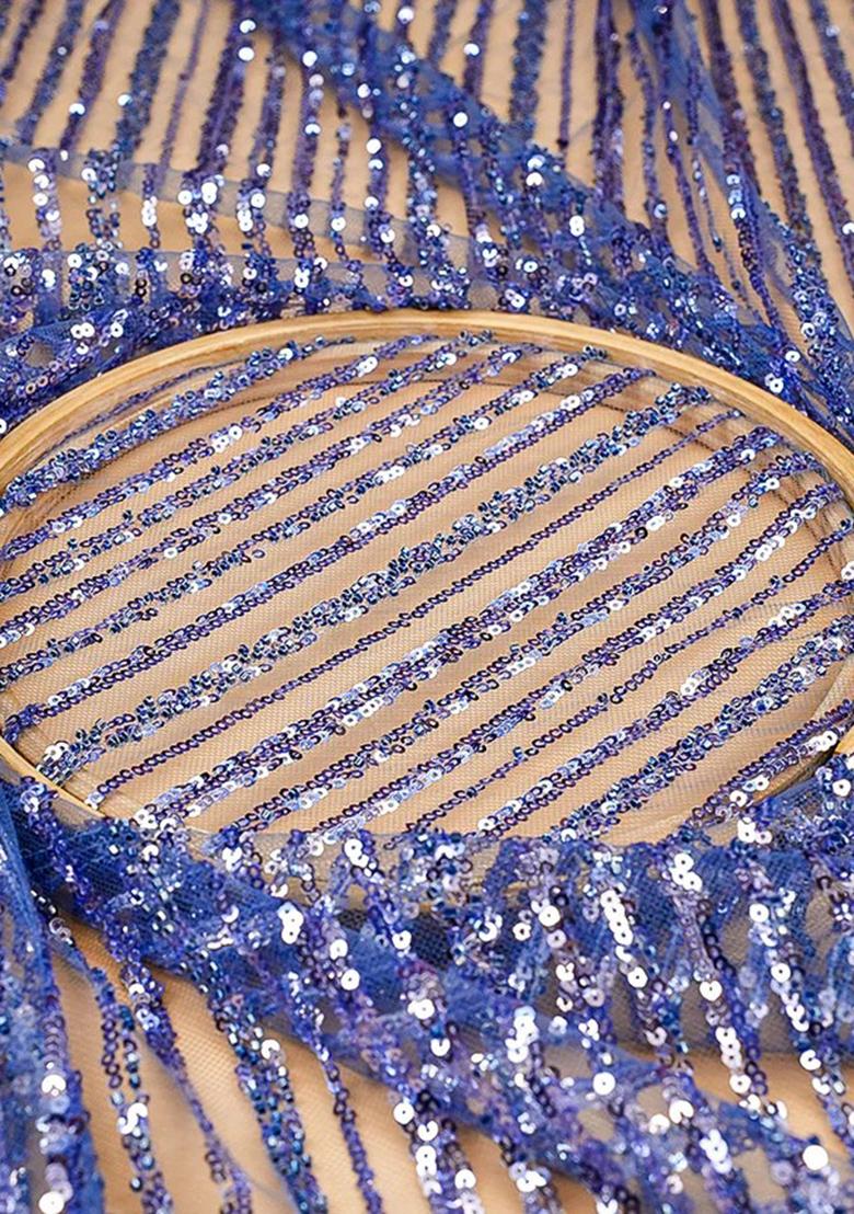 Blue Sequin Embellished Net Pre Draped Saree Set