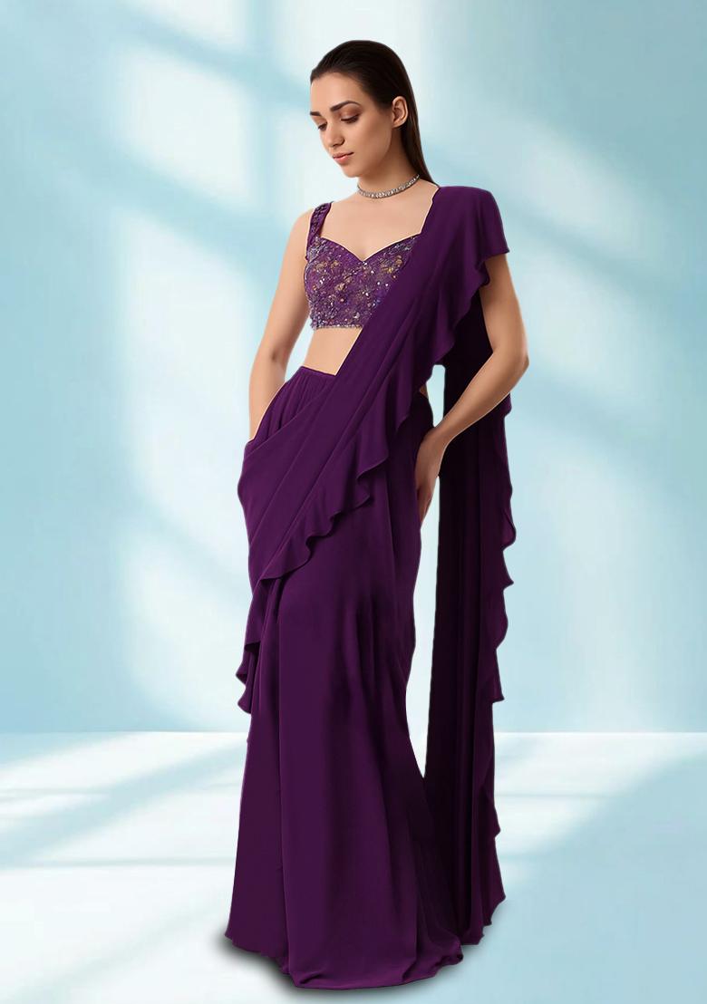 Purple Sequin Embellished Blouse Georgette Pre Draped Saree Set