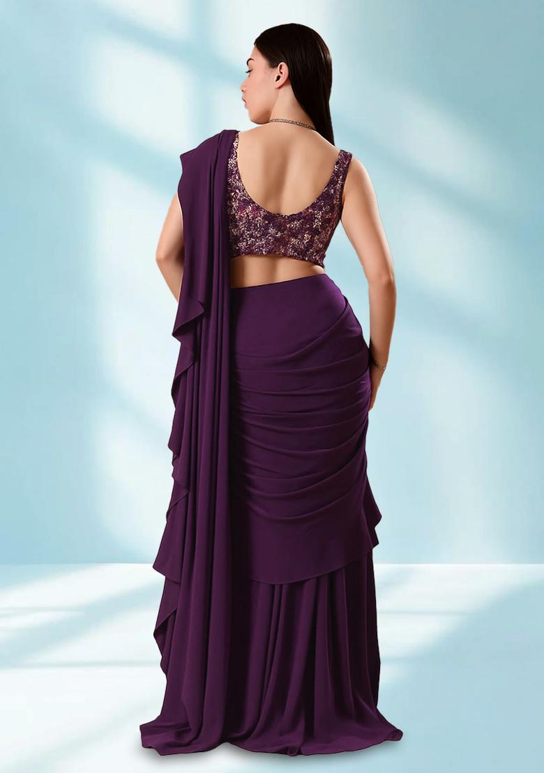 Purple Sequin Embellished Blouse Georgette Pre Draped Saree Set - Indya
