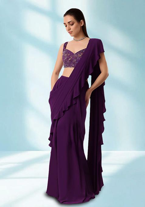 Purple Sequin Embellished Blouse Georgette Pre Draped Saree Set