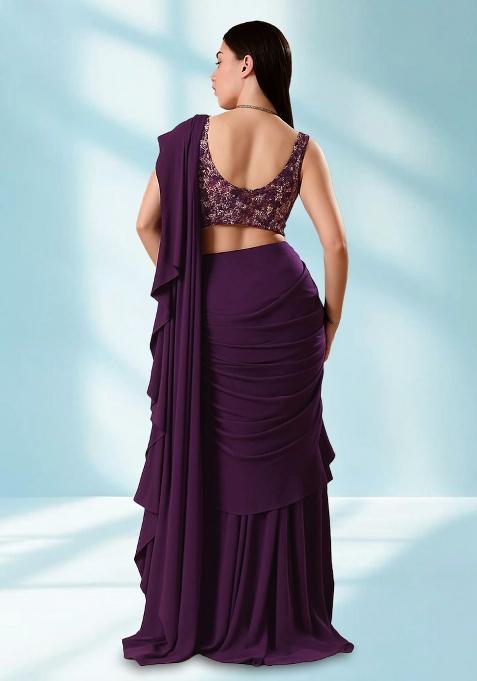Purple Sequin Embellished Blouse Georgette Pre Draped Saree Set