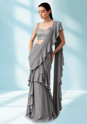 Grey Sequin Embellished Blouse Georgette Pre Draped Saree Set