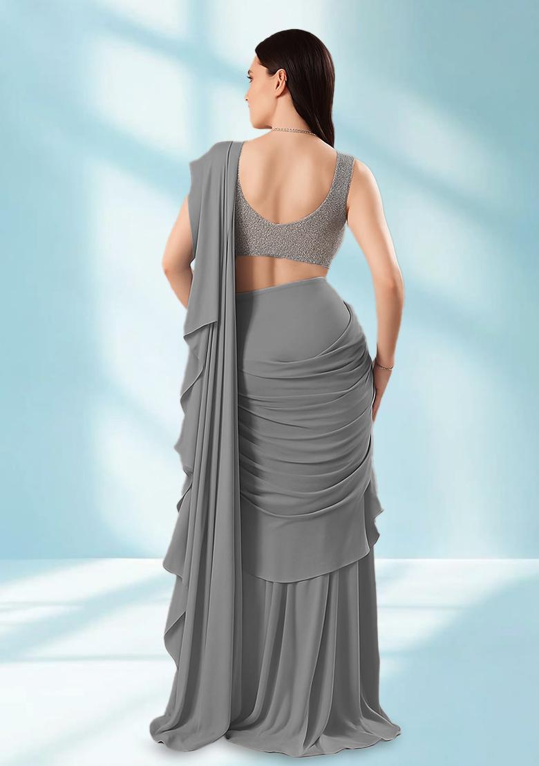 Grey Sequin Embellished Blouse Georgette Pre Draped Saree Set - Indya