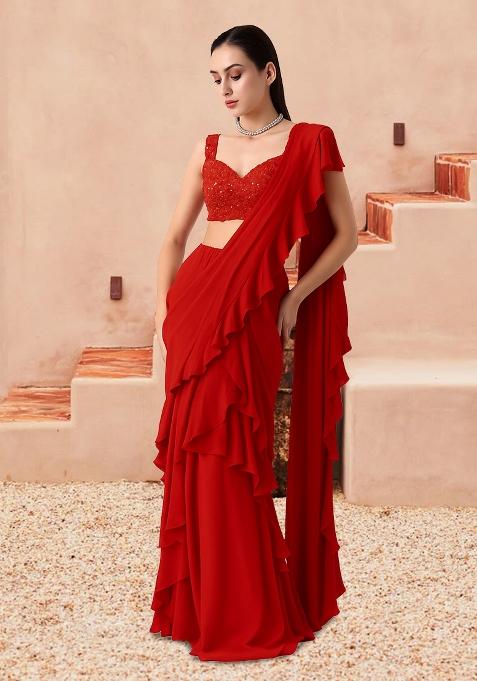 Red Sequin Blouse Georgette Pre Draped Saree Set