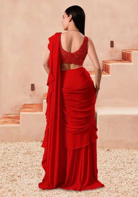 Red Sequin Blouse Georgette Pre Draped Saree Set