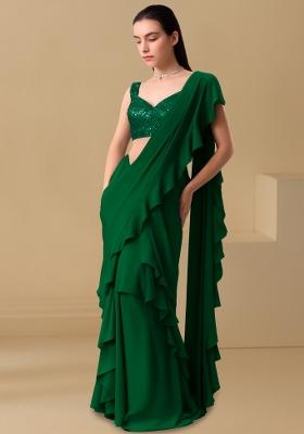 Bottle Green Sequin Blouse Georgette Pre Draped Saree Set