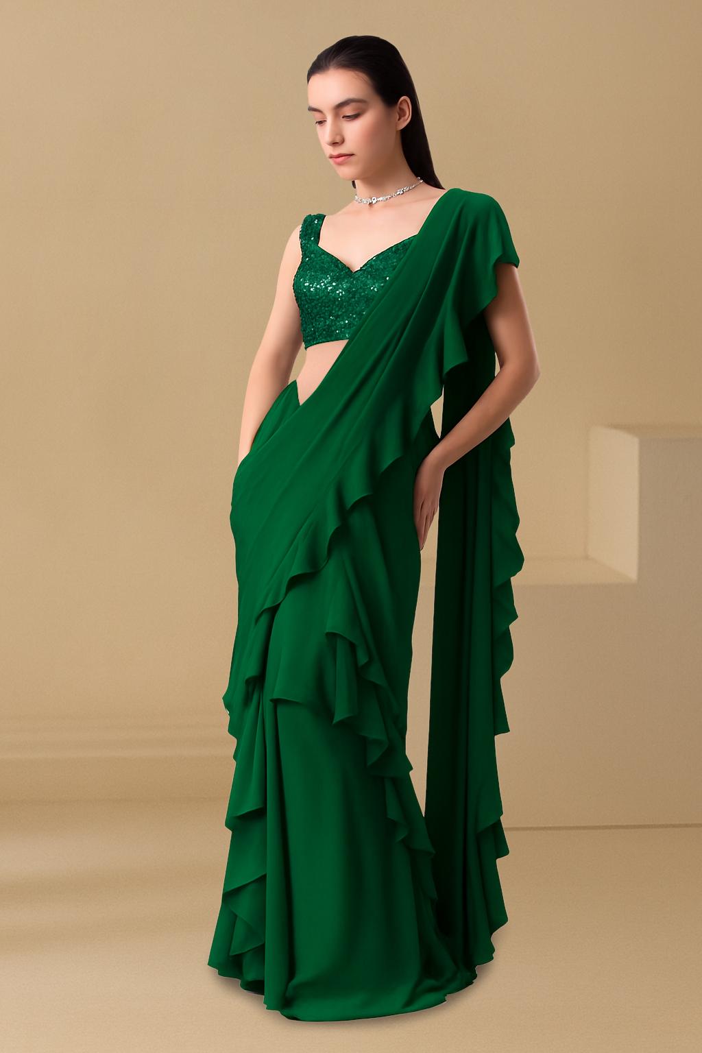 Bottle Green Sequin Blouse Georgette Pre Draped Saree Set