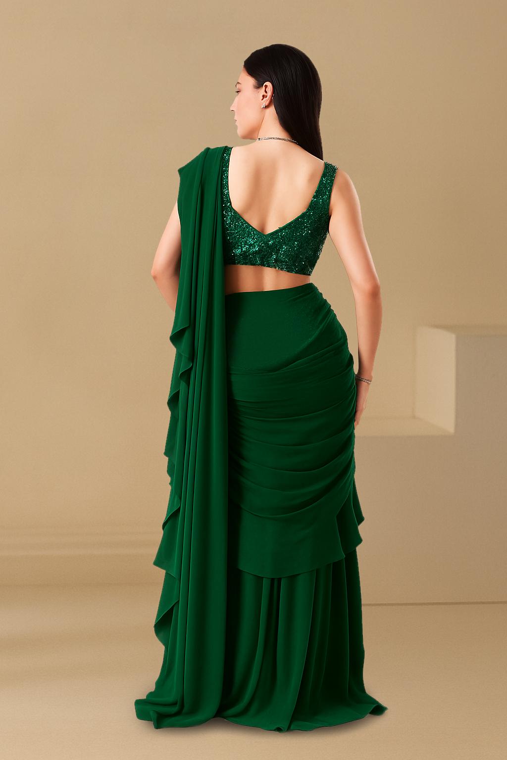 Bottle Green Sequin Blouse Georgette Pre Draped Saree Set