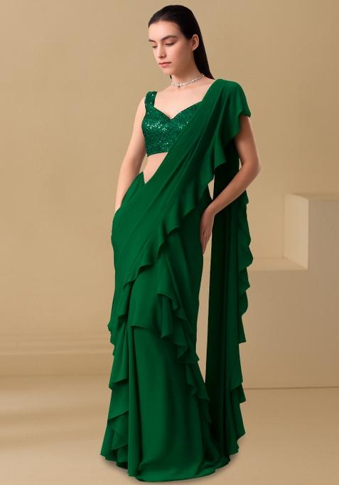 Bottle Green Sequin Blouse Georgette Pre Draped Saree Set