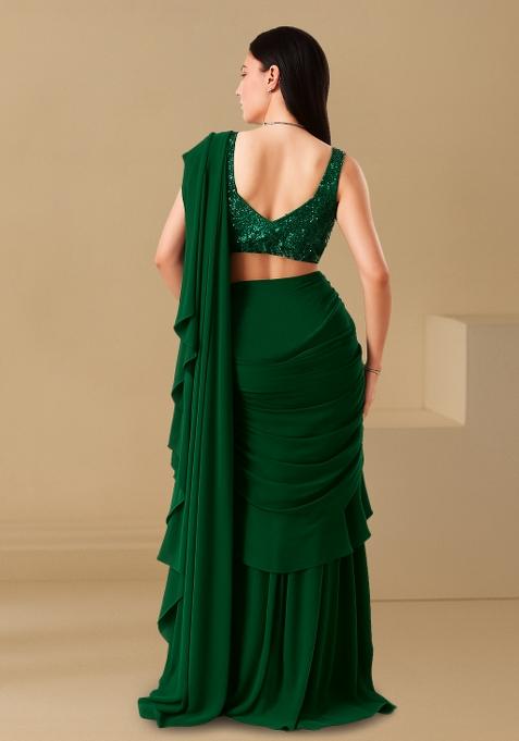 Bottle Green Sequin Blouse Georgette Pre Draped Saree Set
