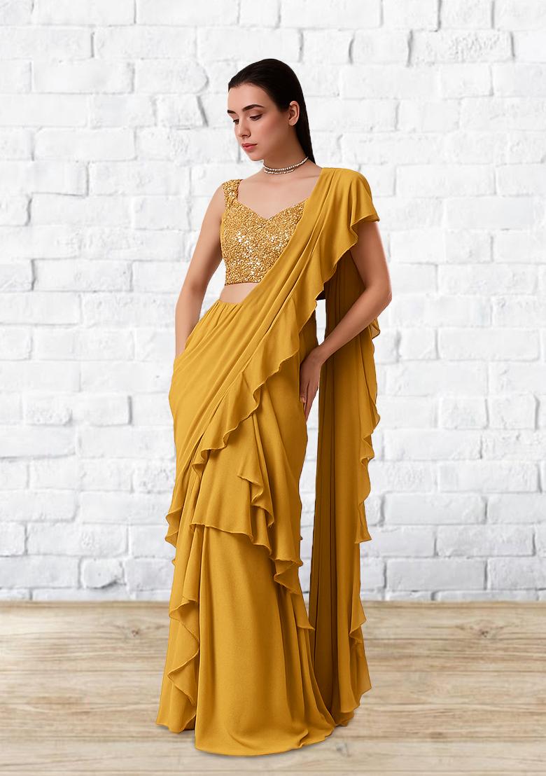 Golden Sequin Blouse Georgette Pre Draped Saree Set