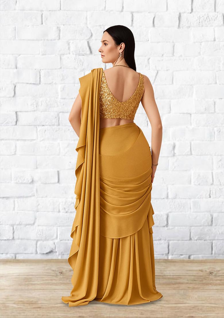 Golden Sequin Blouse Georgette Pre Draped Saree Set
