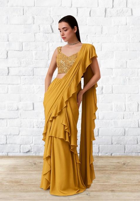 Golden Sequin Blouse Georgette Pre Draped Saree Set