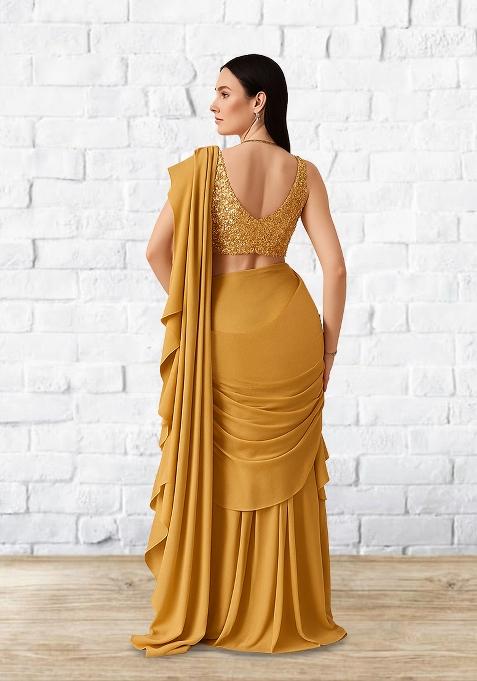 Golden Sequin Blouse Georgette Pre Draped Saree Set