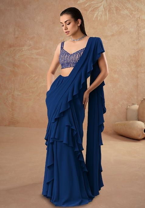 Blue Sequin Embellished Blouse Georgette Pre Draped Saree Set