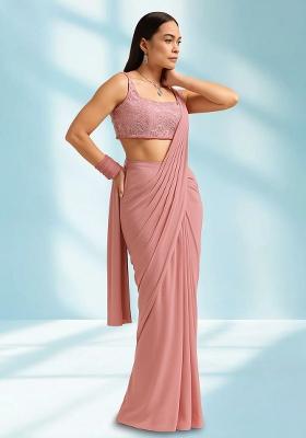 Peach Sequin Embellished Blouse Georgette Pre Draped Saree Set