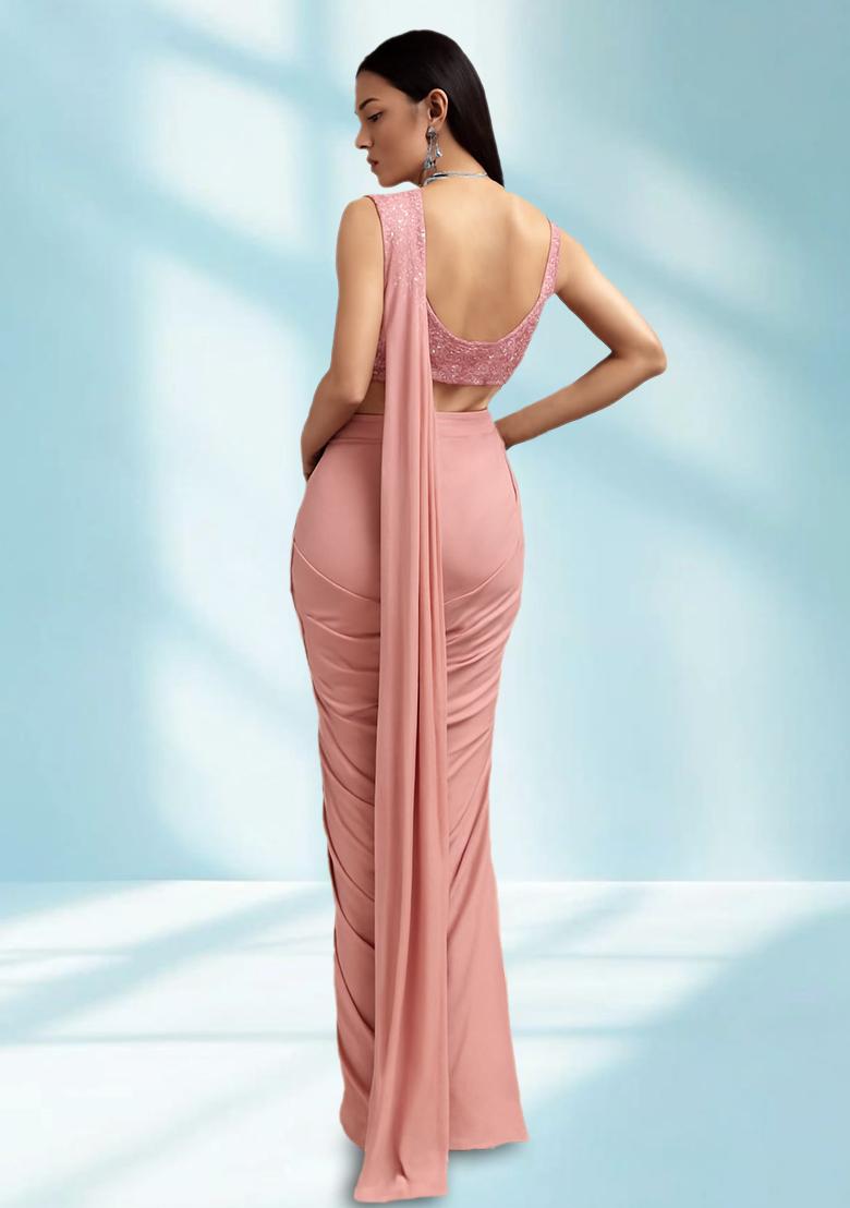 Peach Sequin Embellished Blouse Georgette Pre Draped Saree Set