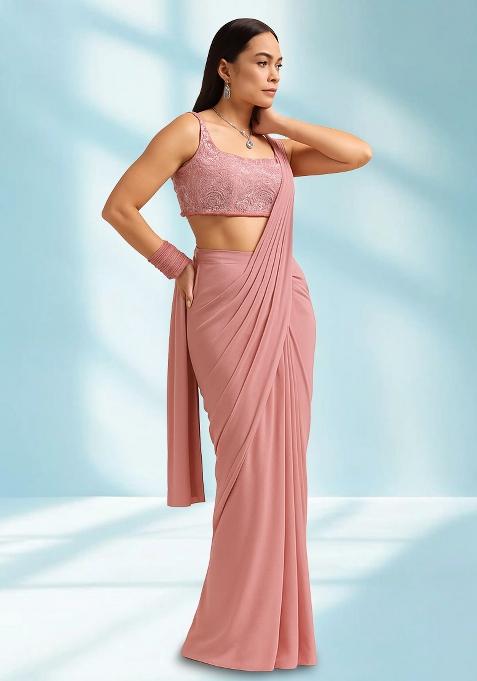 Peach Sequin Embellished Blouse Georgette Pre Draped Saree Set